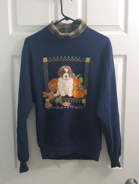 Vintage 90s Dog Sweater Fall Pumpkin Mockneck Navy Sweatshirt Women's Size PM